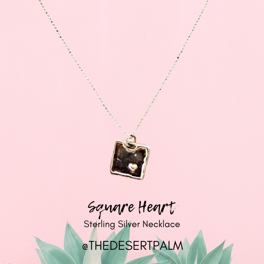 Sterling Silver Square Heart Charm Necklace Minimalist Pendant